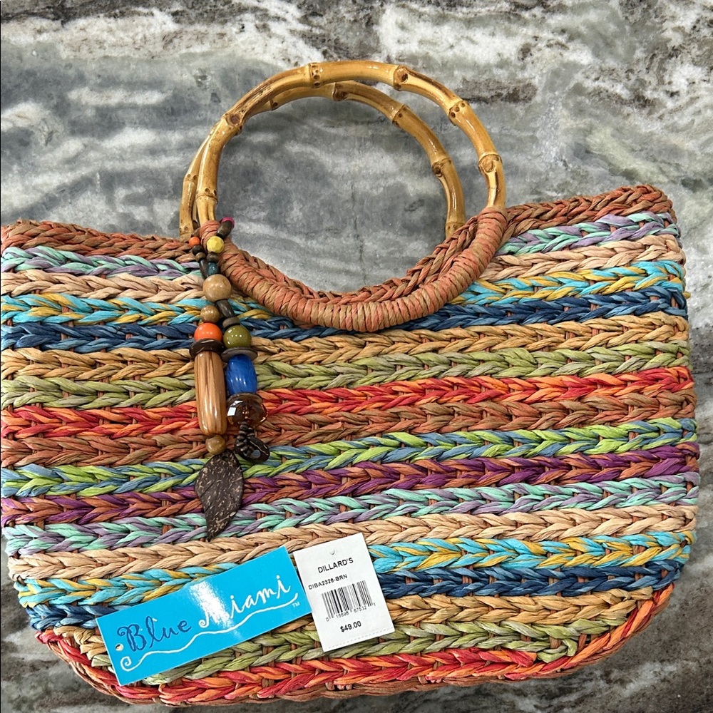 Blue Miami Vibrant Striped Tote with Bamboo Handles